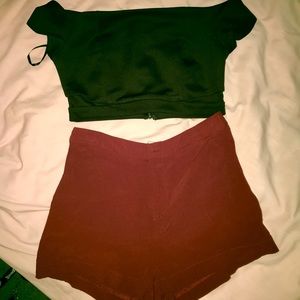 Forever 21 off the shoulder shirt and red shorts